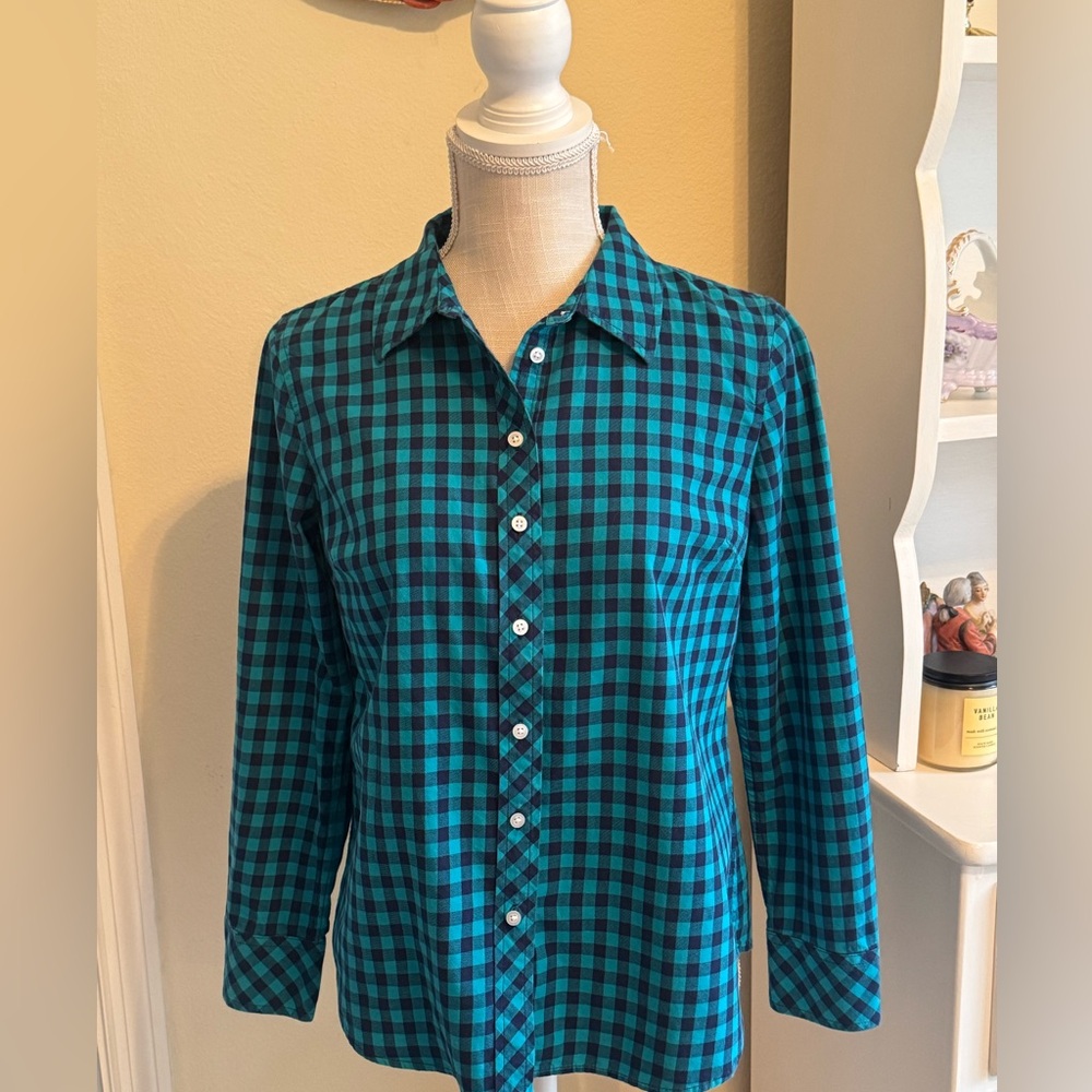 Talbots Teal and Navy Plaid Button-Down Shirt